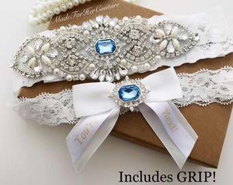 Aangepaste bruiloft kousenband set voor bruiden met iets blauws - Personaliseer de toss kousenband