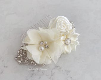 Ivory Bridal Hair Comb: Chiffon Flowers, Rhinestones, Pearl Wedding Headpiece