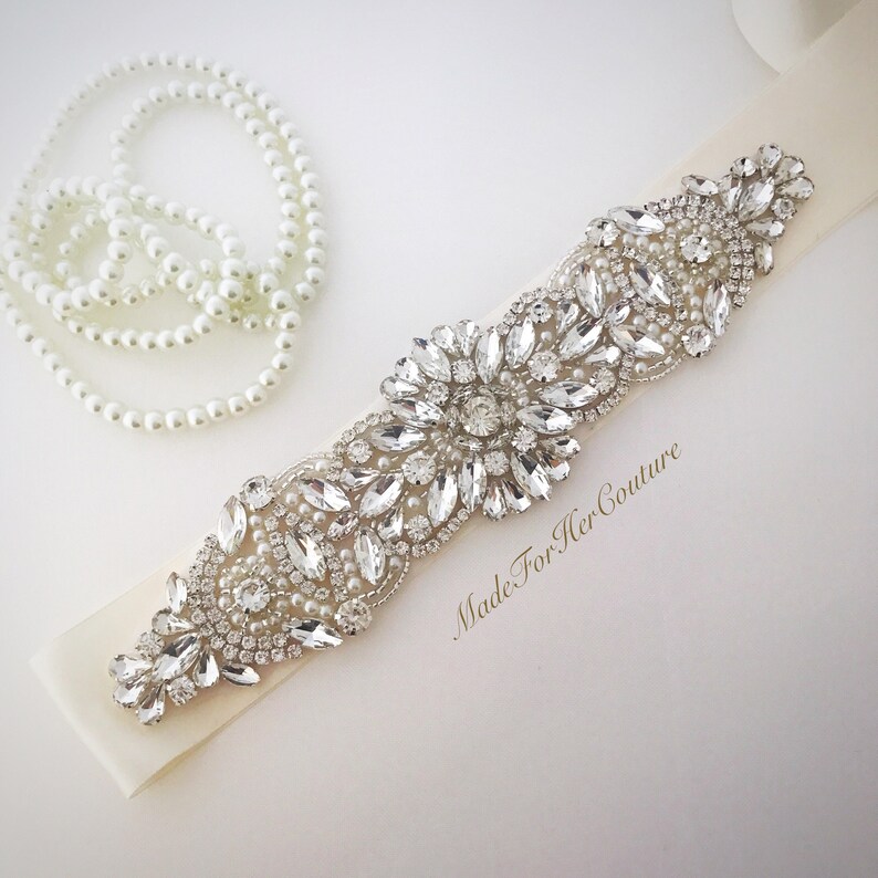 Exquisite Crystal, Rhinestone & Pearl Wedding Belt Handcrafted Bridal Sash with Satin Ribbon image 1
