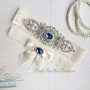 Hand-Embellished Keepsake and Toss Garter Set with Blue Jewel - Ivory Heirloom Appliqué and High-Quality Lace - Perfect for Weddings