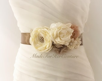 Ivory Flower Wedding Belt: Satin Bridal Sash with Rhinestones