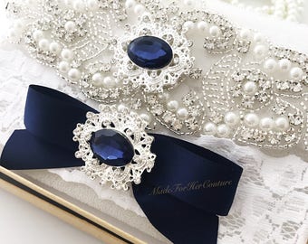 Navy Blue Wedding Garter Set: Keepsake & Toss Garters