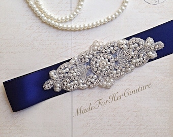 Navy Bridal Sash: Pearl & Crystal Rhinestone Wedding Belt