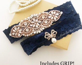 Navy Rose Gold Garters For Wedding, Rose Gold Garter Belt, Navy Garter Set, Wedding garters, Garter Belts, Rose Gold Garters for wedding