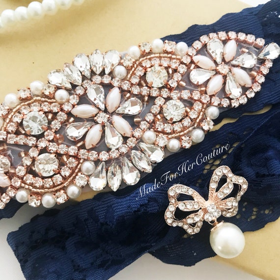 Navy Lace Rose Gold Garters for Wedding - Garter for Bride
