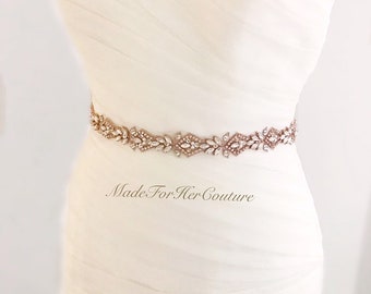 MadeForHerCouture - Opal Wedding Belt Rose Gold, Wedding Dress Belt, Bridal Belt, Crystal Belt, Thin Bridal Sash, Bridesmaid Belt,