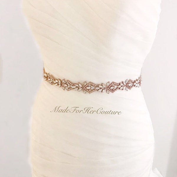 MadeForHerCouture - Opal Wedding Belt Rose Gold, Wedding Dress Belt, Bridal Belt, Crystal Belt, Thin Bridal Sash, Bridesmaid Belt,