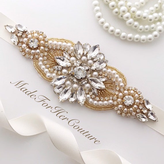 Gold Pearl Crystal Bridal Belt: Rhinestone Wedding Dress  display picture 3