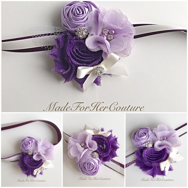 Purple Corsages, Wrist Flower, Wrist Corsage, Wedding Corsage, purple ivory Corsage, White Corsage, Wedding Wrist Band, Wedding corsage