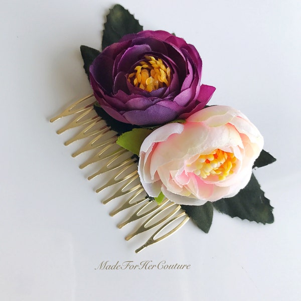 Bridal Flower Comb, Boho Flower Comb, Flower comb, Flower Headpiece, Purple Flower Comb , Tea Roses Headpiece, Plum   Flower comb