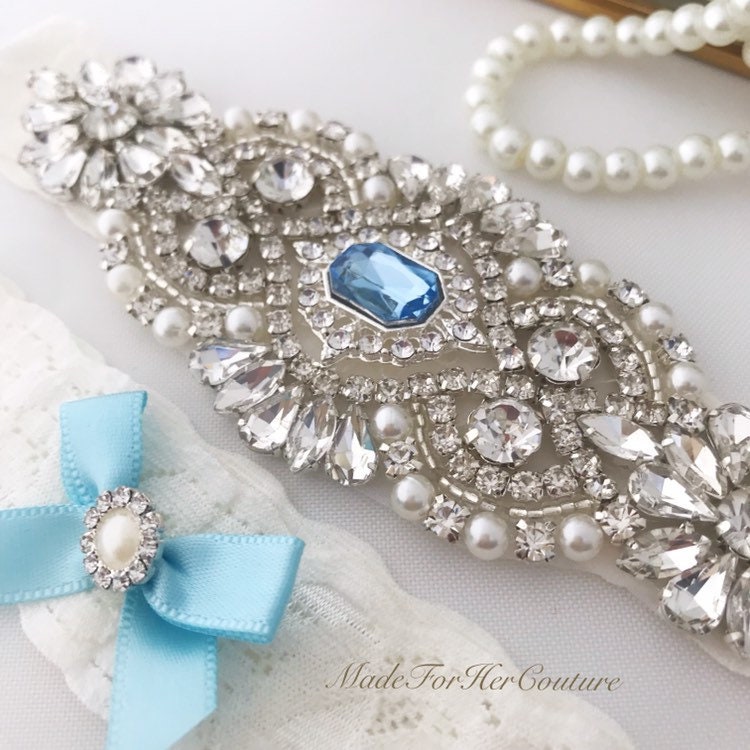 Something Blue Wedding Garter Set, Bridal Rhinestone Garters