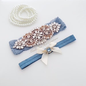 Rose Gold Rhinestone Wedding Garter Set: Antique Blue Lace