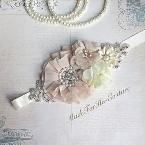 Handmade Couture Silver Satin Floral Bridal Sash Belt | Wedding • Maternity Beaded Rhinestone Flower Sash Belt 1993 - BellaMeraBridal  main image 3