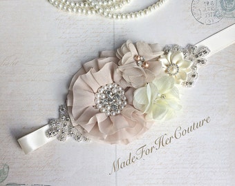 Rustic Flower Wedding Sash: Pearl Rhinestone Bridal Belt
