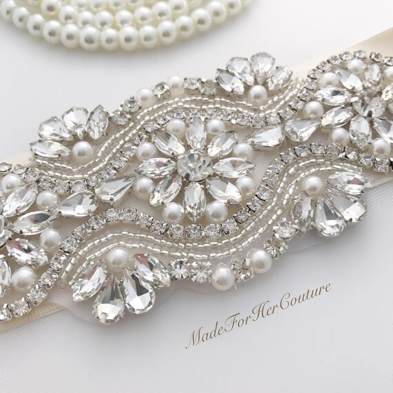 Ivory Bridal Belt: Pearl Crystal Rhinestone Wedding Dress  display picture 1