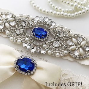 Royal Blue Wedding Garter, Bridal Garter Set, Blue Garter Set, Crystal Pearl Garter, Vintage Garter, Wedding Garter Belt-Something Blue