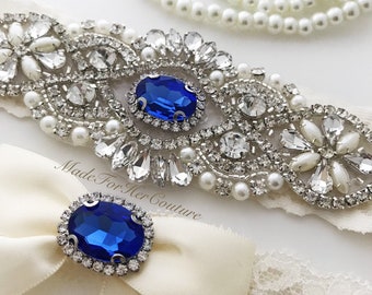 Conjunto de liga de boda azul real: perla de cristal, liga de novia vintage
