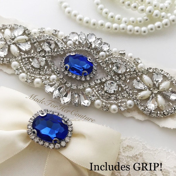 Royal Blue Wedding Garter, Bridal Garter Set, Blue Garter Set, Crystal Pearl Garter, Vintage Garter, Wedding Garter Belt-Something Blue