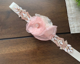 MadeForHerCouture - Opal Wedding Belt Rose Gold, Wedding Dress Belt, Bridal Belt, Crystal Belt, Thin Bridal Sash, Flower Belt