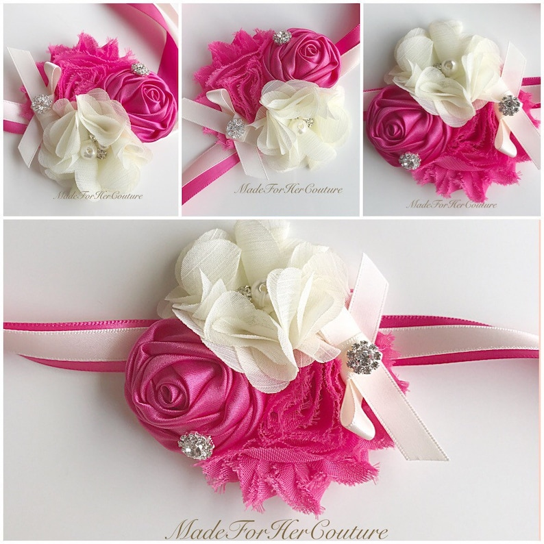 Hot Pink Corsages, Wrist Flower, Wrist Corsage, Wedding Corsage, pink ivory Corsage, Prom Corsage, Wedding Wrist Band, Wedding corsage, image 1