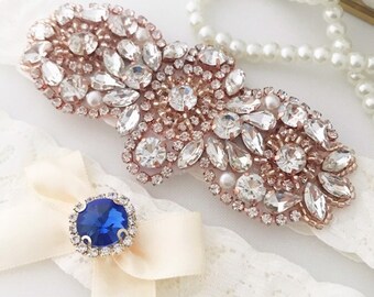 Rose Gold Garter Set For Wedding/Bride, Toss Garter adorned with a Blue Gem for Something Blue