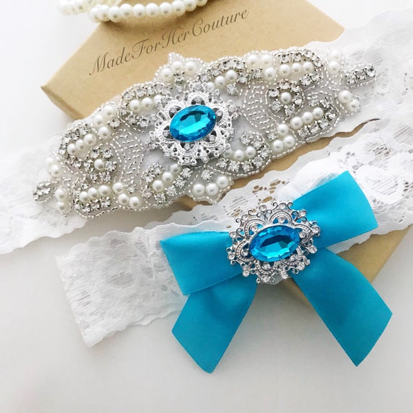 Wedding Garter, Bridal Garter, Something Blue, Turquoise wedding garter, garters, Turquoise garter set, lace garter set, white garter set,