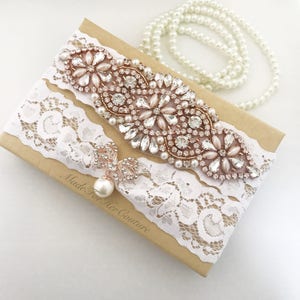 Rose Gold Wedding Garter, Rose Gold Bridal Garter Set, Rose Gold Garter Set, white lace rose gold garter, Wedding Garter Belt- garter sets