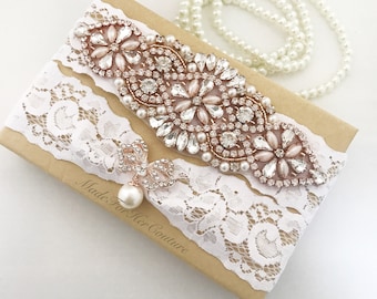 Rose Gold Wedding Garter Set: Crystal Pearl, White Lace Bridal Garters
