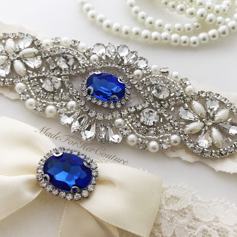 Royal Blue Wedding Garter, Bridal Garter Set, Blue Garter Set, Crystal Pearl Garter, Vintage Garter, Wedding Garter Belt-Something Blue image 4
