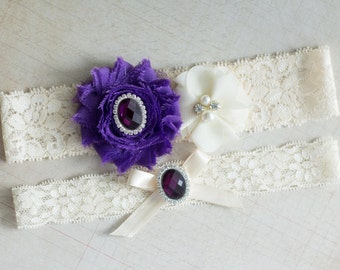 Purple Flower Garter Set for Brides and Wedding - 3D Purple and Ivory Flower Garter Set