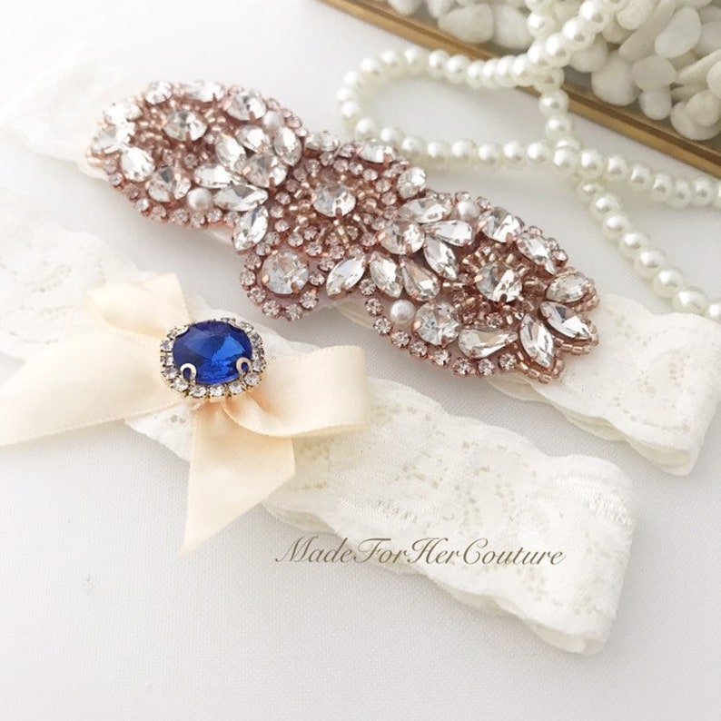 Rose Gold Bridal Garter Set Rose Gold Garters for wedding Garter Belts wedding garter blue Wedding garters Rose Gold Garter Belt