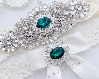 Bruiloft - Bruidskousenset met smaragdgroene steen, perfecte kousenband voor bruid/bruiloft, verkrijgbaar op wit of ivoorkant