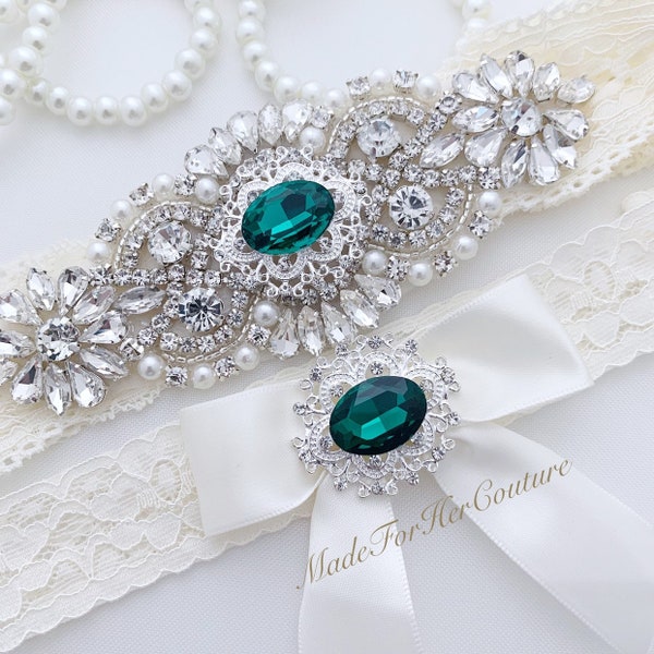 Wedding - Bridal Garter Set with Emerald Stone, Perfect Garter for Bride/Wedding, Available on White or Ivory Lace