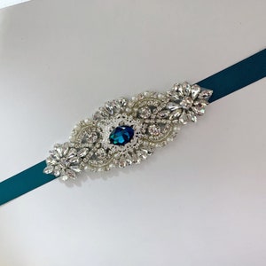 Silver rhinestone bridal sash belt for wedding - Teal ribbon