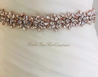 MadeForHerCouture - Bridal Belt Rose Gold, Crystal Bridal Sash, Rhinestone Belt, Wedding Rhinestone Sash, Wedding Dress Belt, Wedding Belt