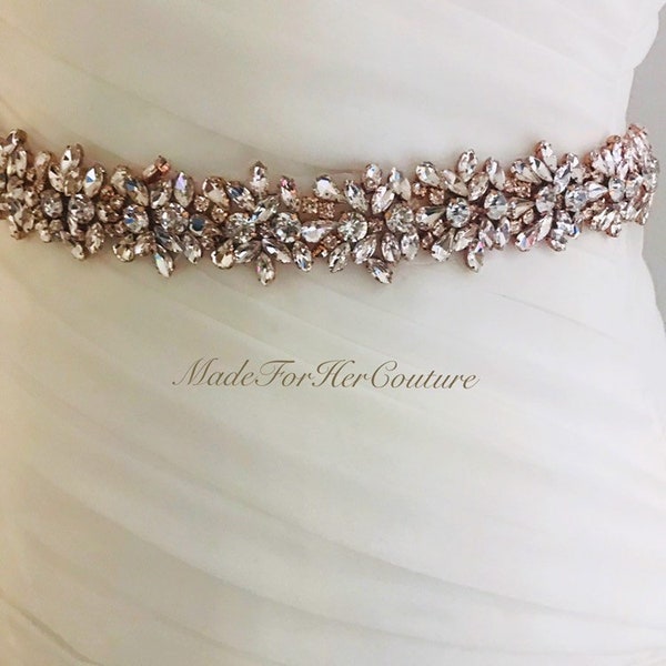 MadeForHerCouture - Bridal Belt Rose Gold, Crystal Bridal Sash, Rhinestone Belt, Wedding Rhinestone Sash, Wedding Dress Belt, Wedding Belt