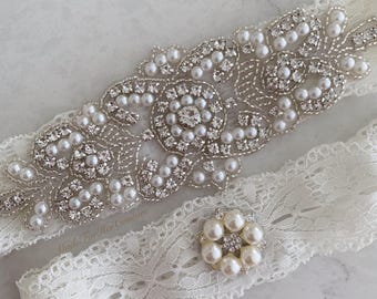 Crystal Pearl Wedding Garter Set: Ivory Lace Bridal Garter with Grip