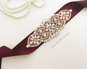 Wedding sash, wedding belt/Bridal dress sash belt with rhinestones crystals & pearls rose gold