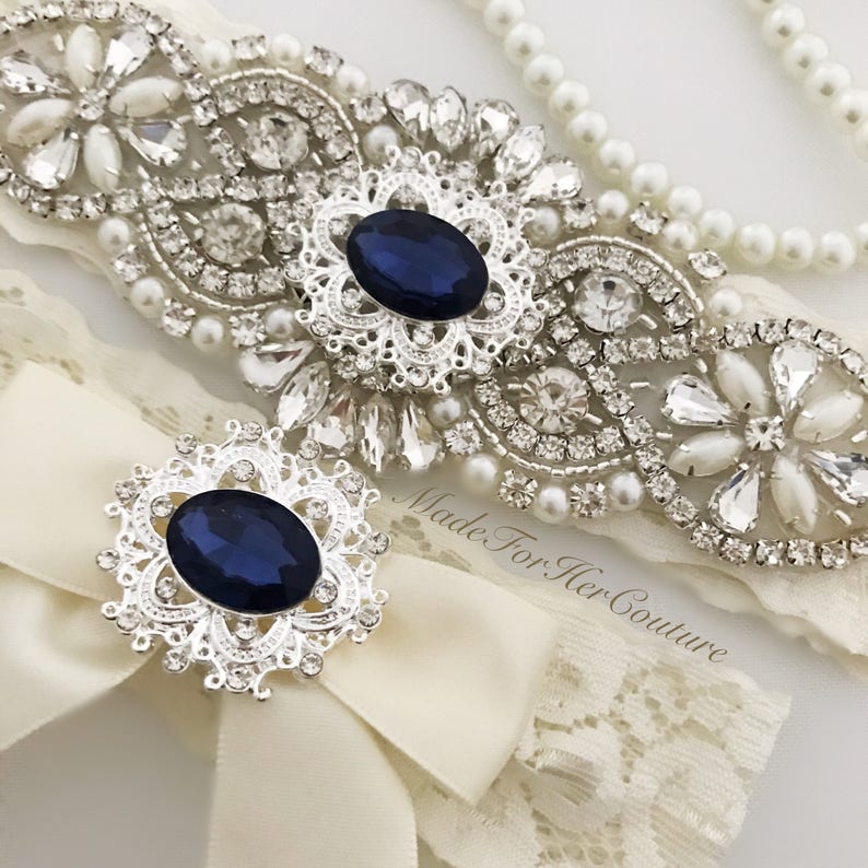 Chic Navy Wedding Garter Set for Bride Something Blue Bridal Accessories image 3