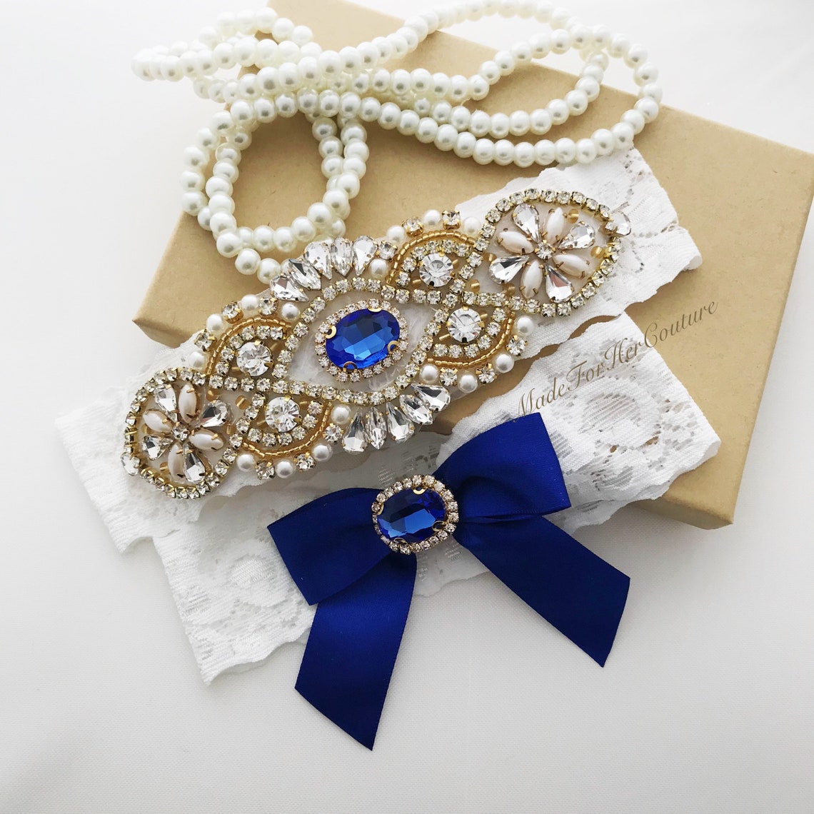 Royal Blue Garters for wedding Bridal Garter Set Gold Garter image 3