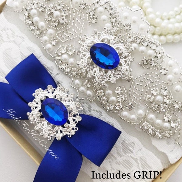 Royal Blue Wedding Garter Set – Bridal Lace Garter with Grip