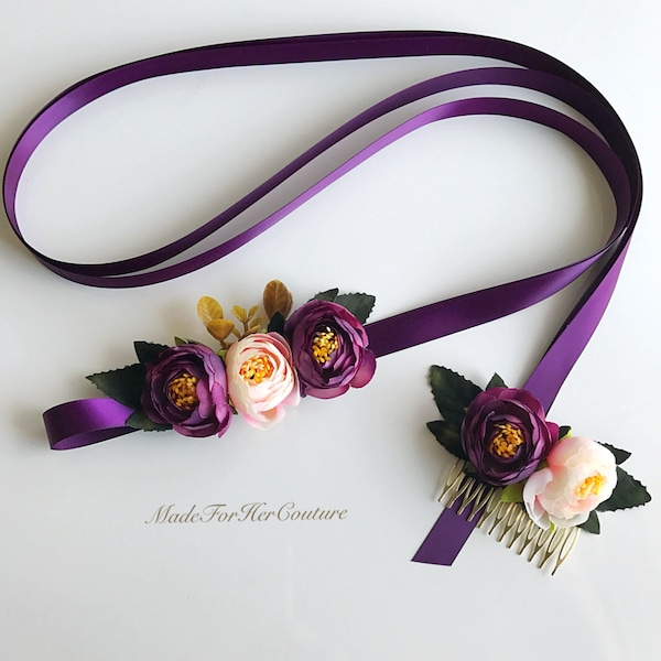 Ceinture fleur prunier, ceinture fleur violette, ceinture fleurie, ceinture fleurie, ceinture violette de la mariée, ceinture fleur violette mariage, ceinture ceinture mariage, ceinture bohème