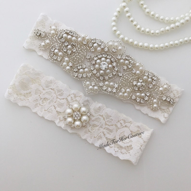 Wedding Garter, Bridal Garter, Ivory Garter, Crystal Pearl Garter Set, Vintage Garter, Wedding Garter Belt, Garters for wedding image 3