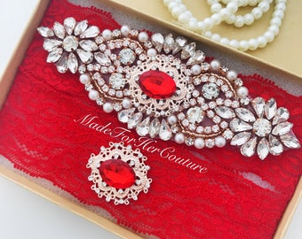 Red Lace Wedding Garter Set: Rose Gold Rhinestone Bridal Garters