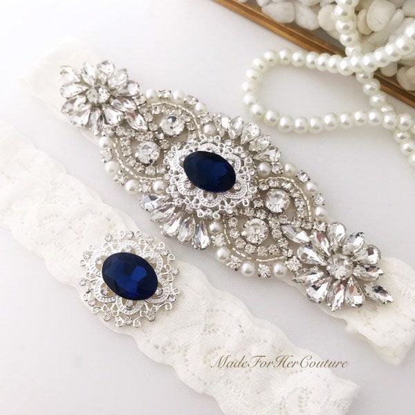 Navy Blue - Rhinestone & Pearl Wedding Garter - Bridal Garter - Something Blue