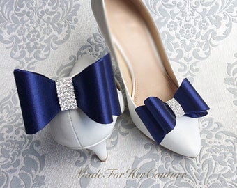 Navy Bow Shoe Clips: Rhinestone Bridal Shoe Accessory