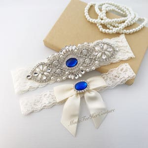 Royal Blue Wedding Garter, Bridal Garter Set, Rhinestone Garter Set, Ivory Garter Set, Pearl Garter, Wedding Garter Belt-Something Blue image 1