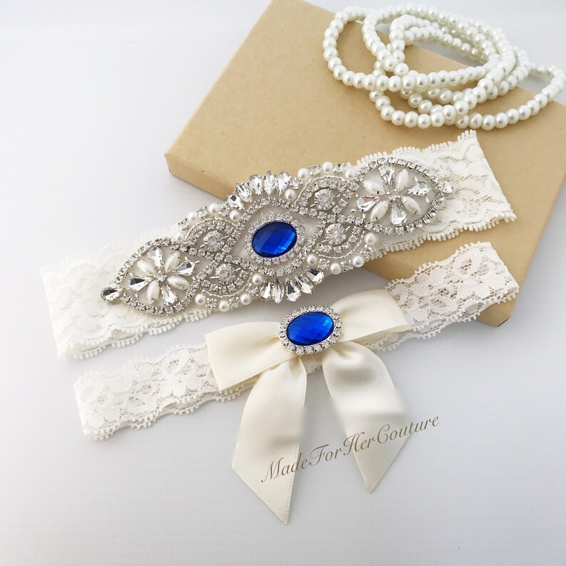 Royal Blue Wedding Garter, Bridal Garter Set, Rhinestone Garter Set, Ivory Garter Set, Pearl Garter, Wedding Garter Belt-Something Blue image 1