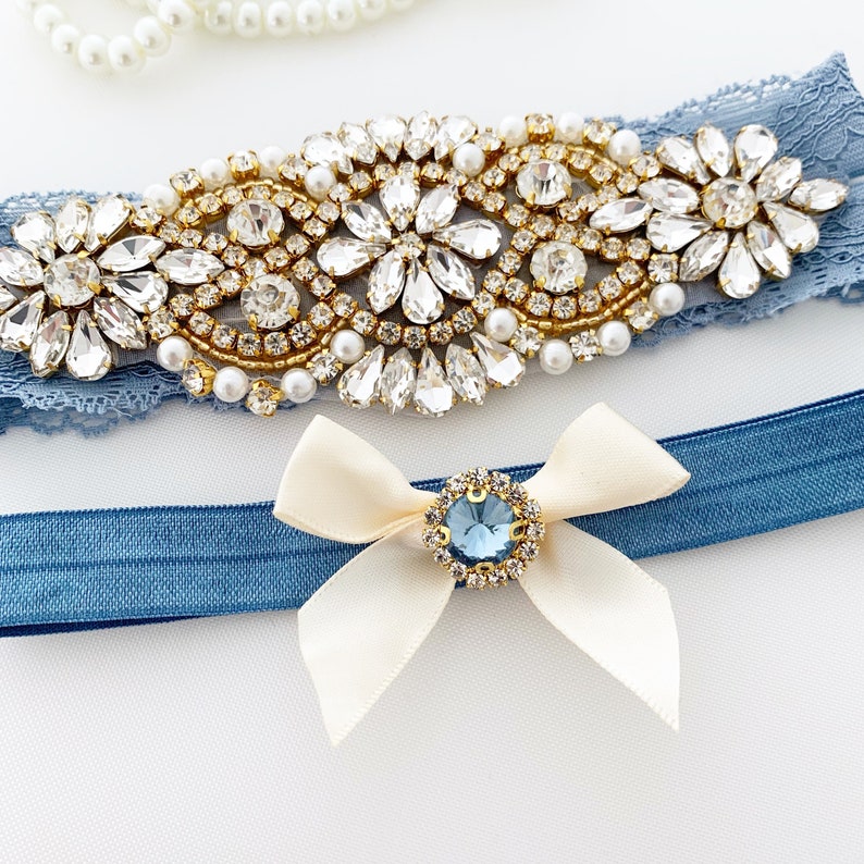 Wedding garter with gold accent handmade bridal garter for weddings Available on white, ivory, navy blue and antique/vintage blue lace image 3
