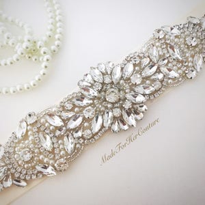 Exquisite Crystal, Rhinestone & Pearl Wedding Belt Handcrafted Bridal Sash with Satin Ribbon image 2